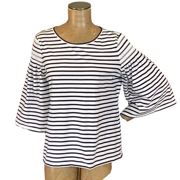 Chico's Breton Stripe Knit Top Sz 2 (L/12) Smock Shoulder Bell-Flare Sleeve 296H - Picture 3 of 12